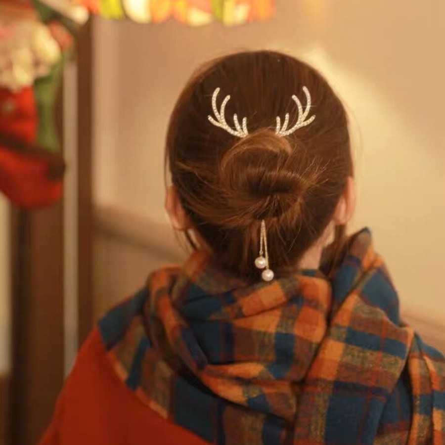 Kẹp Tóc Hình Sừng Tuần Lộc Bằng Kim Loại Đính Ngọc Trai Giả Giá Đỡ