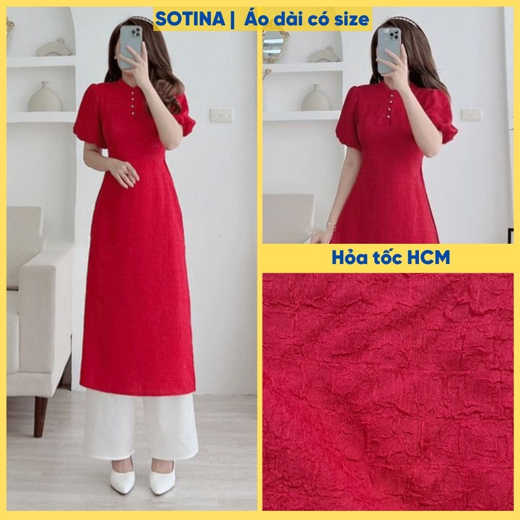 Áo dài tết đỏ SOTINA, Set áo dài cách tân tay bồng vải gấm xốp co giãn nhiều size phối quần suông trắng đẹp.