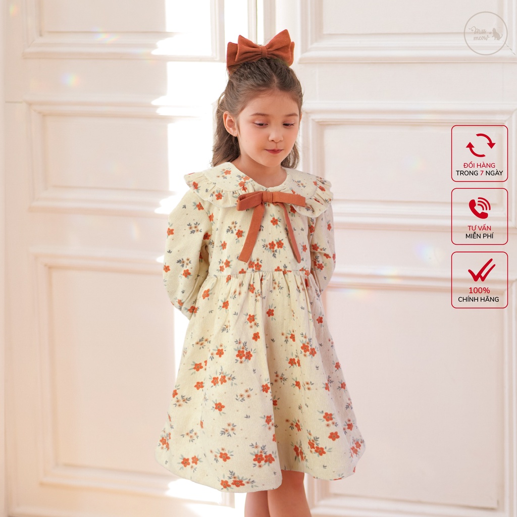 Váy nhung cho bé gái Bigfox Miss Meow cổ bèo phối nơ xinh đẹp size đại, Đầm thu đông cho bé gái size trẻ em 3-11 tuổi