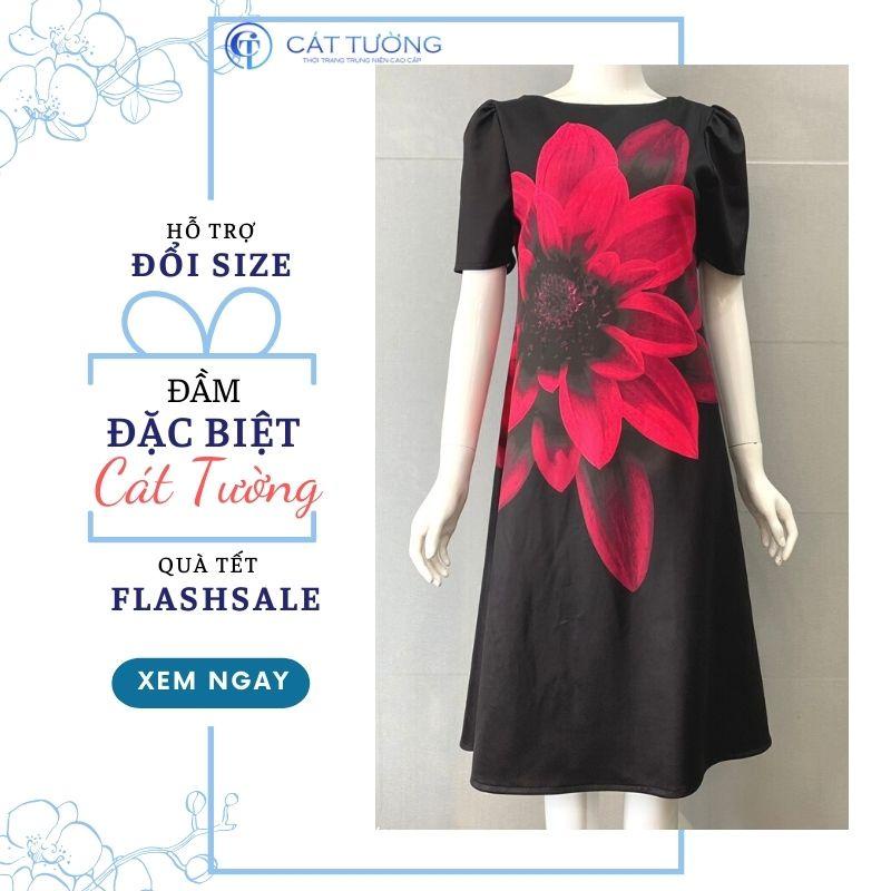 Đầm trung niên nữ màu xanh đen hoa đỏ siêu sang tặng bà, tặng mẹ đầm đặc biệt - Thời trang Cát Tường