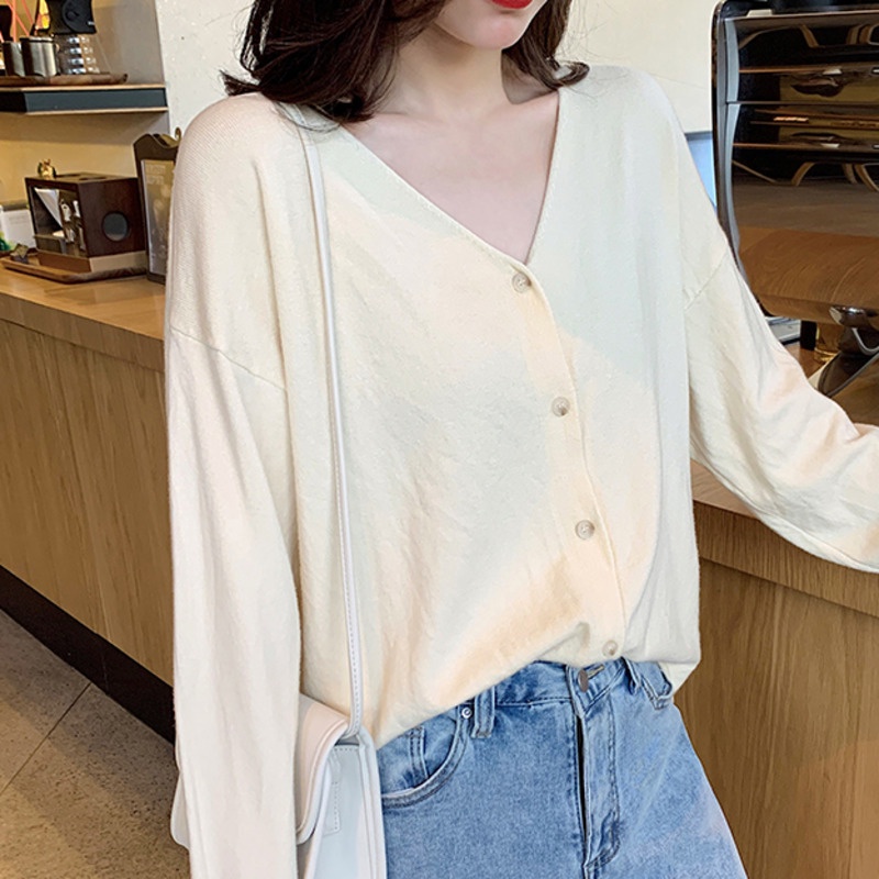 Áo Khoác Cardigan Dệt Kim Tay Dài Cổ Chữ v Màu Sắc Đơn Giản