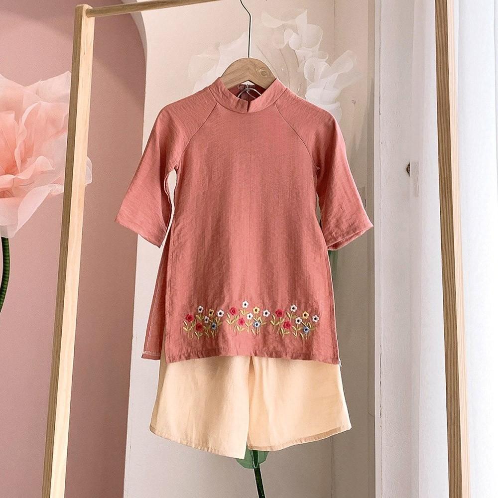 Áo dài bé gái truyền thống thêu hoa chất tơ đũi mịn mát áo kèm quần MamLa