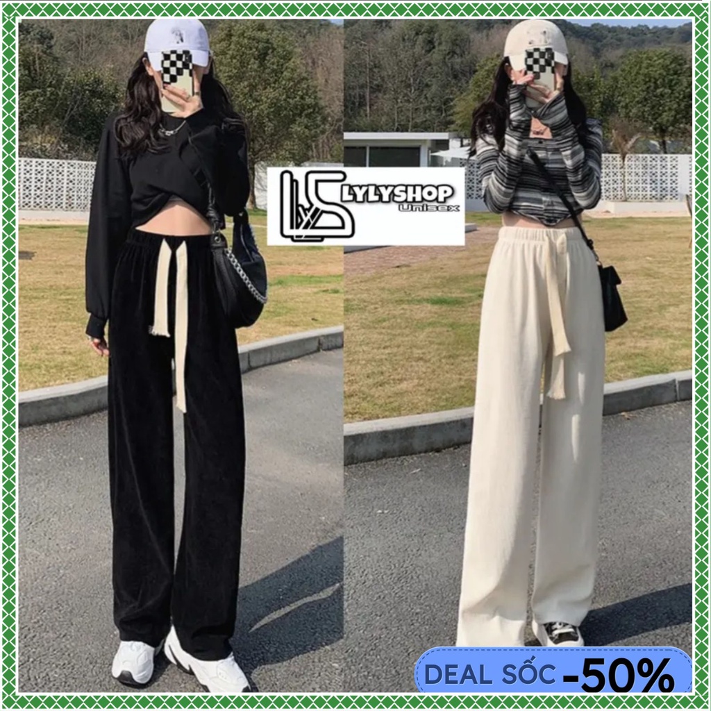 Quần ống rộng nỉ nhung tăm Unisex kiểu quần dài ống suông cạp chun lưng cao có dây rút chỉnh eo mẫu hot 2022