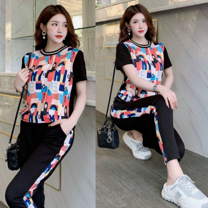 Set Bộ Thun Dài Áo Thun Lạnh In 3d Họa Tiết Phối Quần Cotton Chạy Sọc Thể Thao