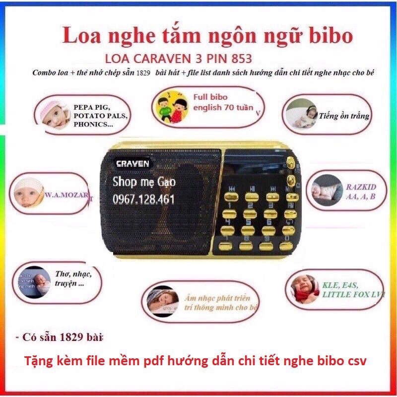 Loa nghe tắm ngôn ngữ bibo / loa nghe tiếng anh / loa nghe nhạc 3 pin caraven 853