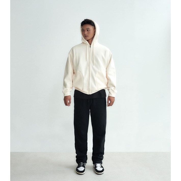 Áo khoác Hoodie zip chất liệu nỉ bông màu Cream kiểu dáng nam nữ unisex