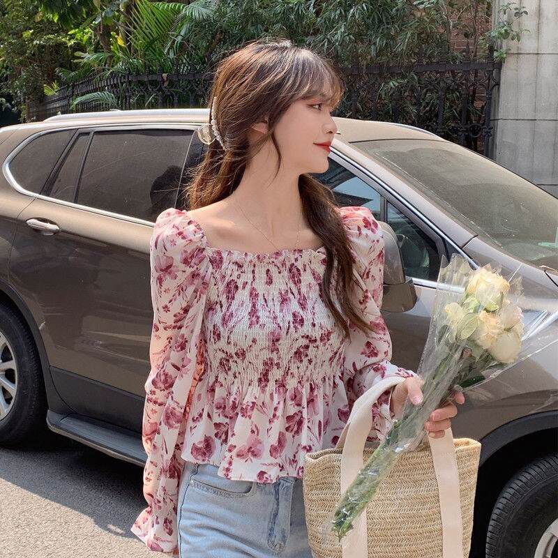 Áo sơ mi hoa ZHELIHANGFEI tay dài ôm eo gợi cảm xinh xắn