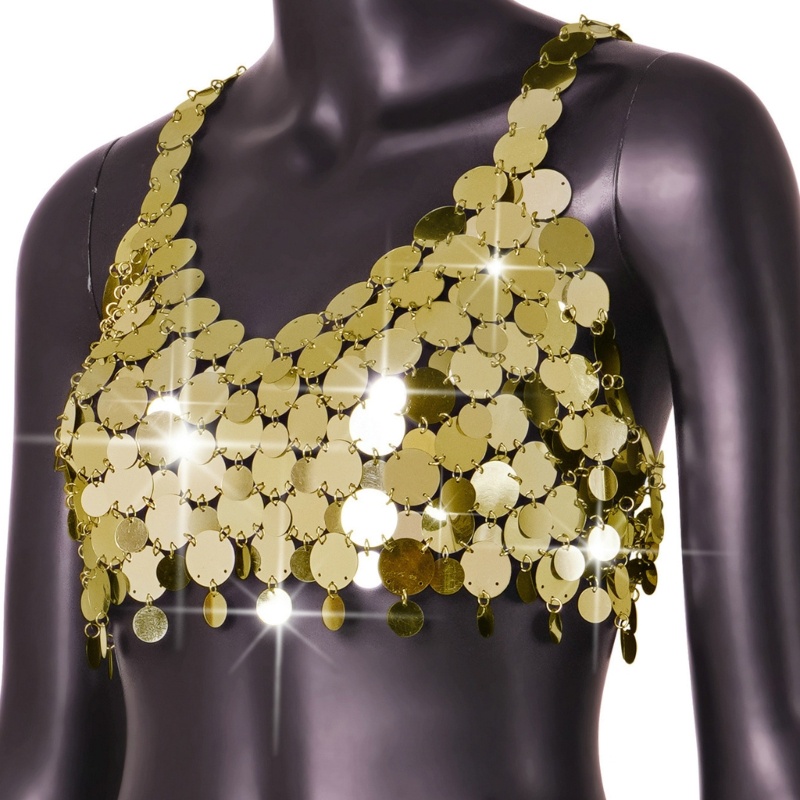 Áo Croptop Hai Dây Cổ Chữ V Đính Đồng Xu Kim Sa Lấp Lánh Gợi Cảm Cho Nữ