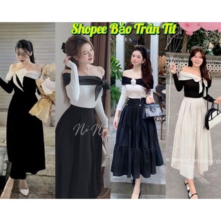 Set áo trễ vai nơ voan phối chân váy midi