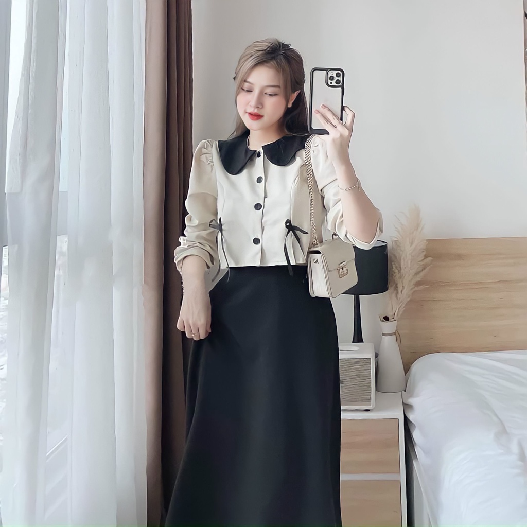 Set đồ nữ REVA B16 áo tay dài cổ bèo cài nút thật kèm chân váy cotton lạnh cực xinh phù hợp đi chơi, dạo phố, diện tết