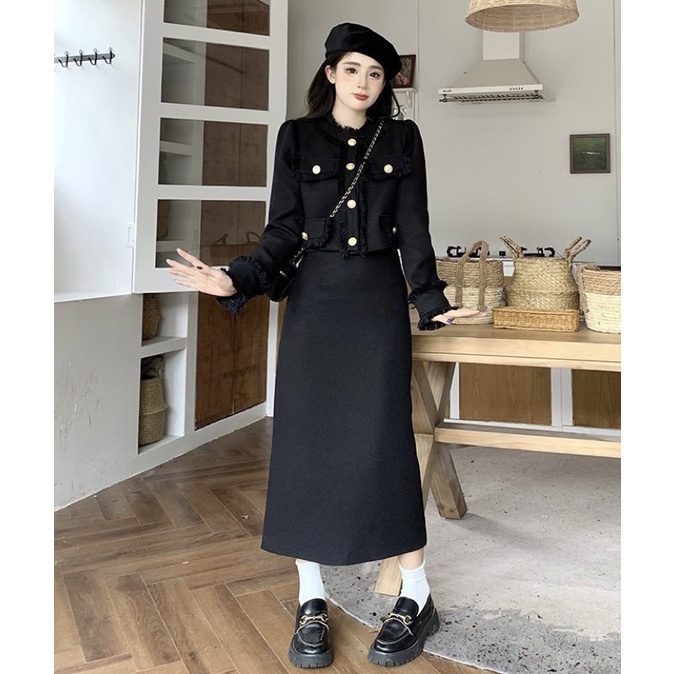 Set dạ tua rua áo khoác dáng ngắn / dài croptop + chân đầm chữ A cạp cao tôn dáng tiểu thư V30
