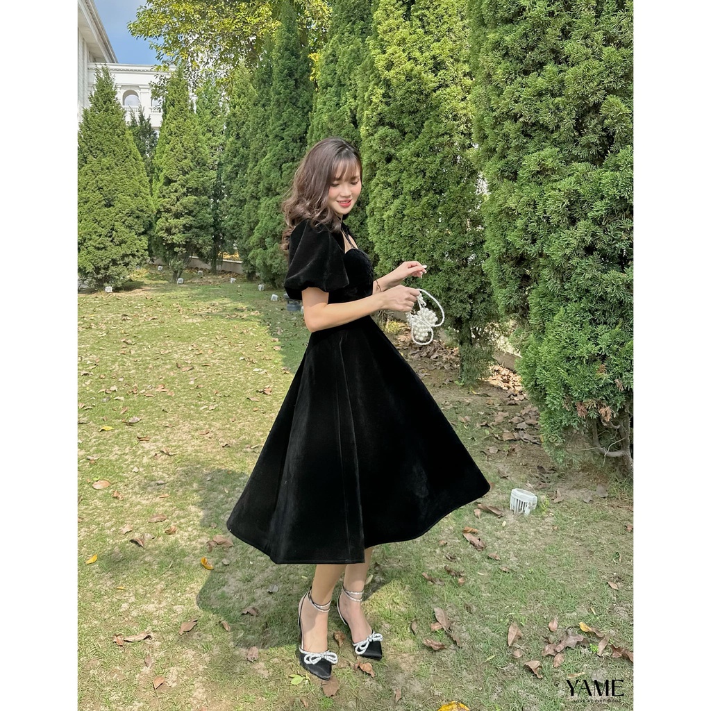 Váy nhung tay bồng 2 lớp dày dặn dự tiệc YV126 Ruby ĐỎ YAME