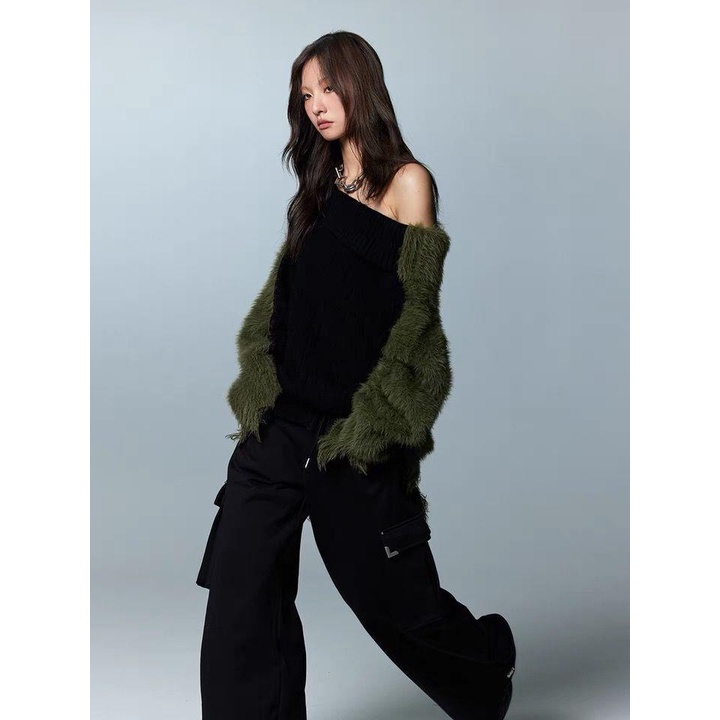 Prrp Chính Hãng Niche Áo Sweater Dáng Rộng Hở Vai Phối Màu Xanh Lá Cây Đen Thời Trang Lười Biếng