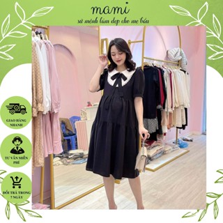 Váy bầu, đầm bầu thiết kế Mami dáng baby doll , cổ có thắt nơ chất liệu sợi tổng hợp thoáng mát thấm đi chơi, công sở