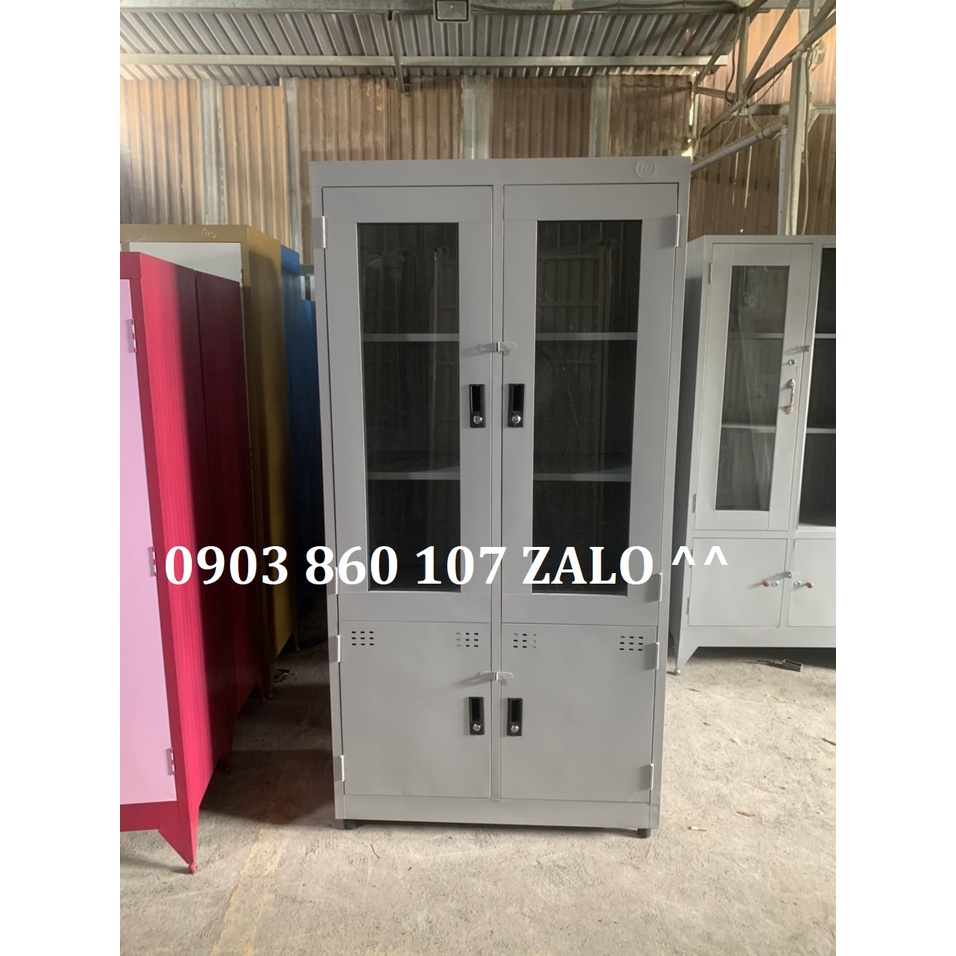 Tủ sắt hồ sơ kiếng sơn tĩnh điện cao cấp mới đẹp dày dặn màu ghi sang trọng cho văn phòng trường học