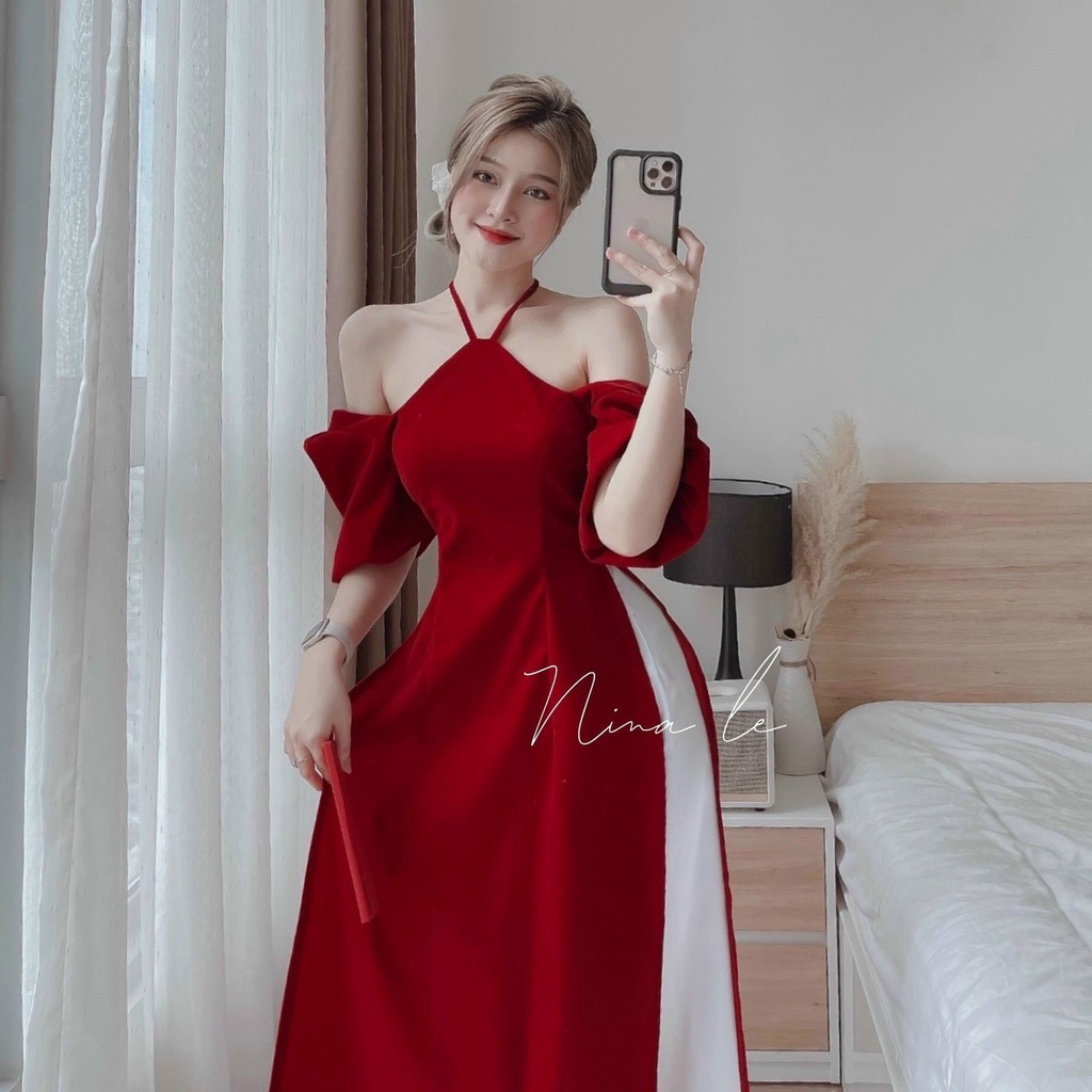 Áo dài cách tân phong cách hiện đại vải nhung đỏ kèm quần lụa phù hợp đi chơi, lễ tết