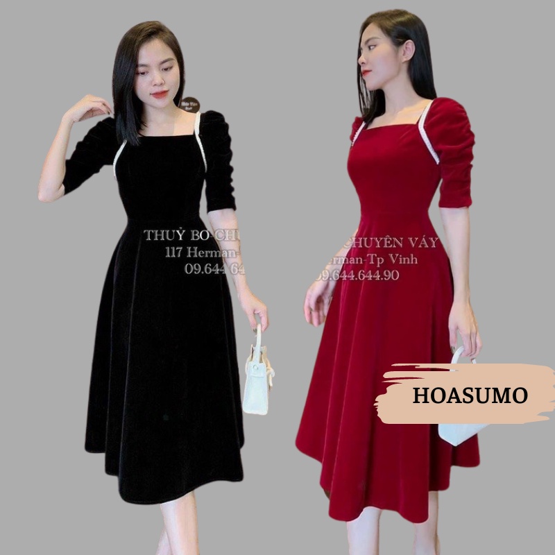 Váy nhung thiết kế,đầm nhung phối viền tiểu thư mặcTết,dự tiệc