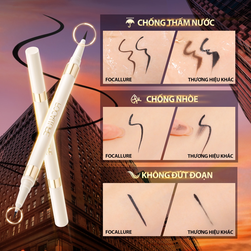 Bút kẻ mắt dạng lỏng FOCALLURE 2 đầu trong 1, 2 đầu màu đen nâu khô nhanh chống nước không nhòe 1.2g