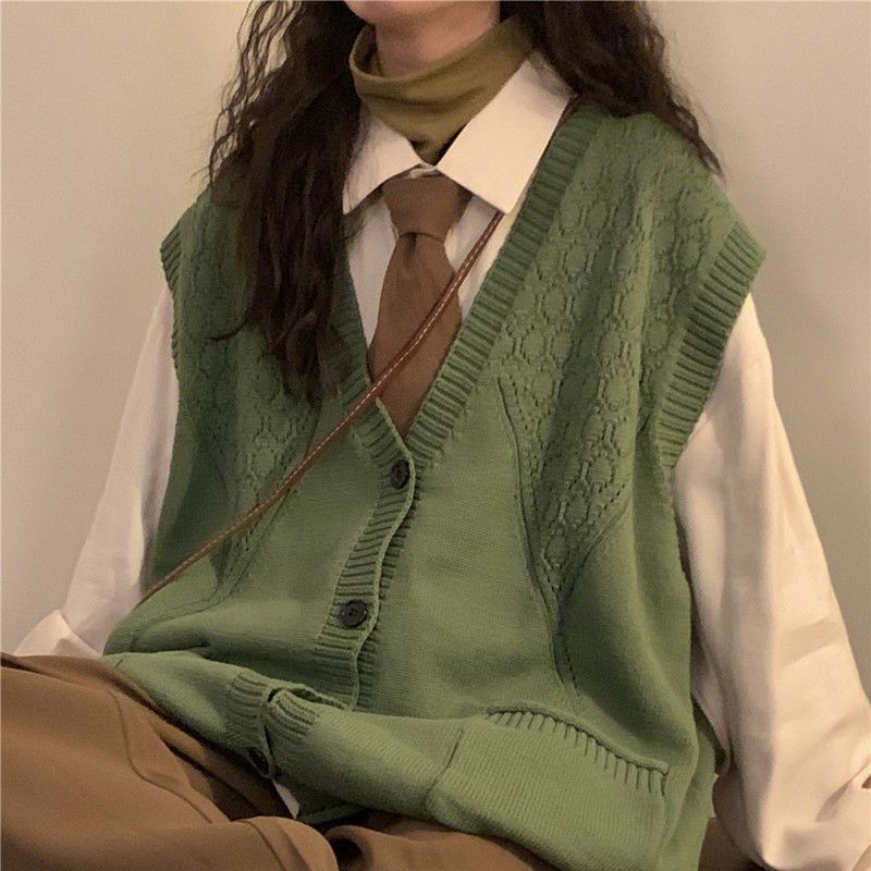 Áo Cardigan Dệt Kim Không Tay Dáng Rộng Màu Đen Phong Cách Vintage Dành Cho Nữ