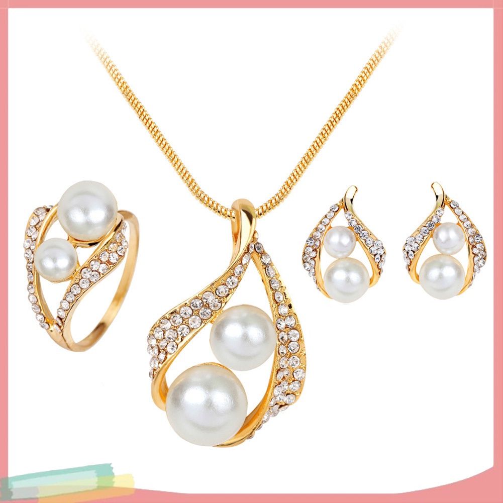 Set vòng cổ + nhẫn kèm đôi bông tai đính ngọc trai giả sang trọng thời trang cho nữ