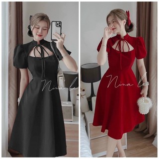 váy đầm nữ thắt yếm nơ cổ siêu xinh chất liệu nhung cứng phù hợp đi tiệc mtthngarb