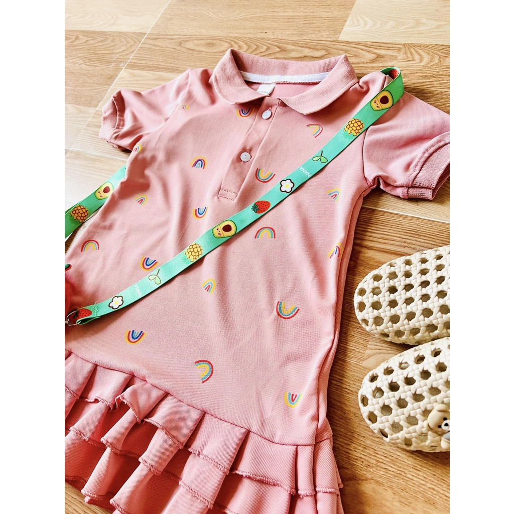 Váy Polo Hồng Cổ Bẻ in Hình Cầu Vồng Cho Bé Gái