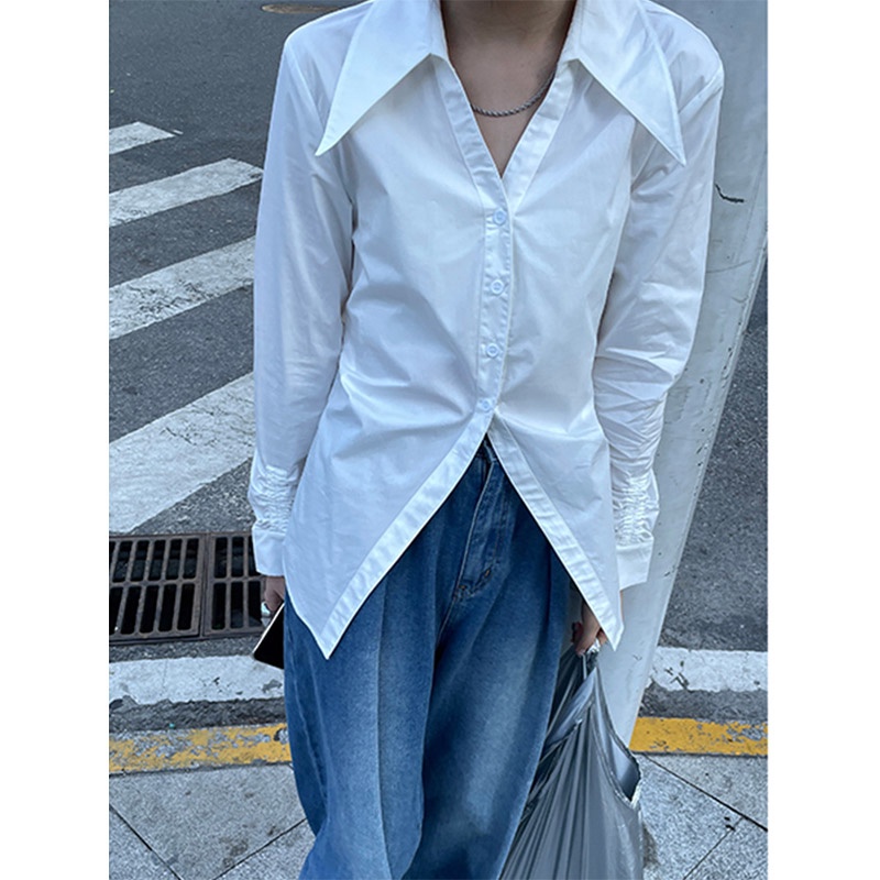 Áo Sơ Mi Nữ Tay Dài Màu Trơn Dáng Rộng Phong Cách Retro Thời Trang