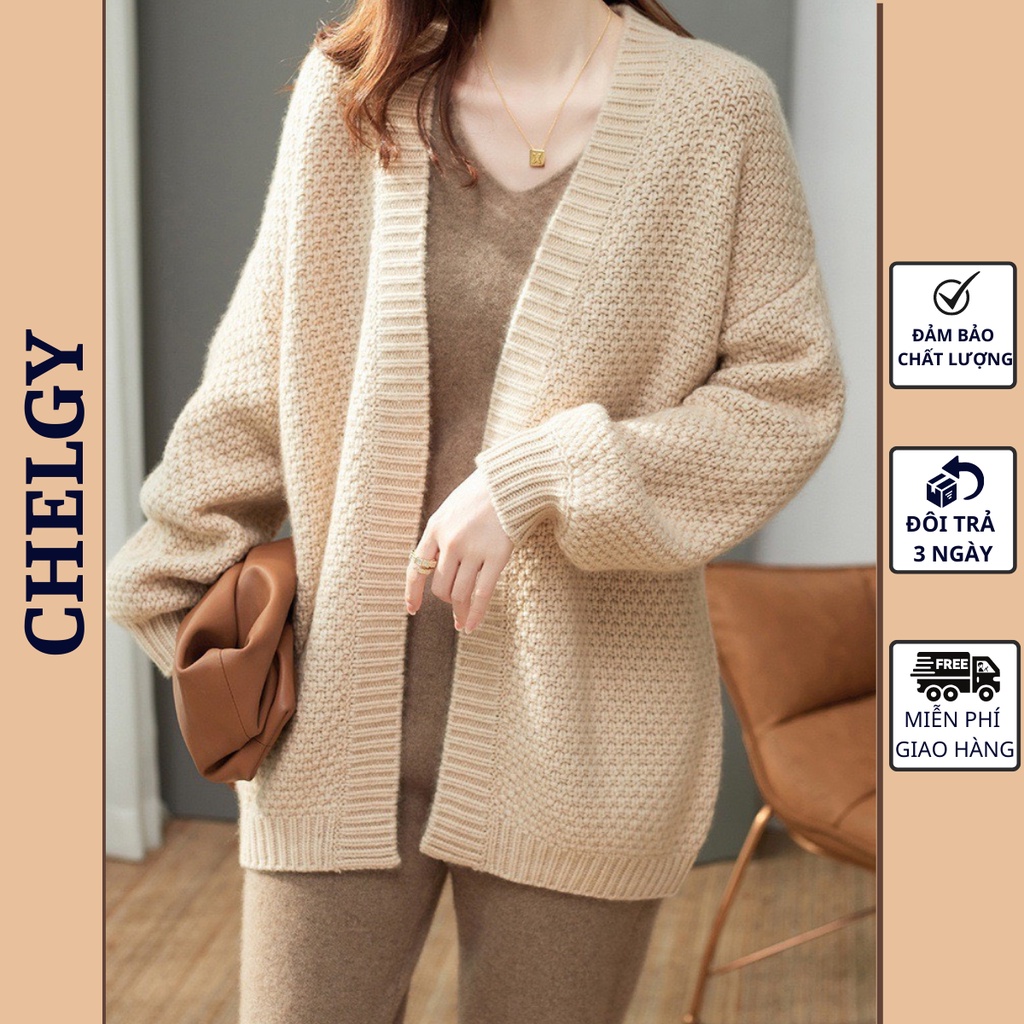 Áo khoác Cardigan len Chelgy không cúc dày dặn màu Be Trơn freesize mùa thu đông CG-CDGBT104