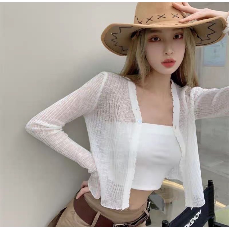 Áo khoác len cardigan dáng croptop mỏng 1 cúc  dáng Hàn Quốc