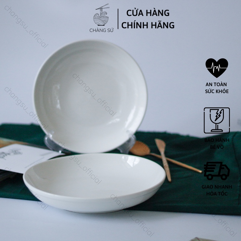 Đĩa sứ trắng trơn lòng sâu 18 20 22cm loại đẹp - Dĩa sâu lòng hàng dày sứ Minh Châu - Vỡ 1 đổi 1