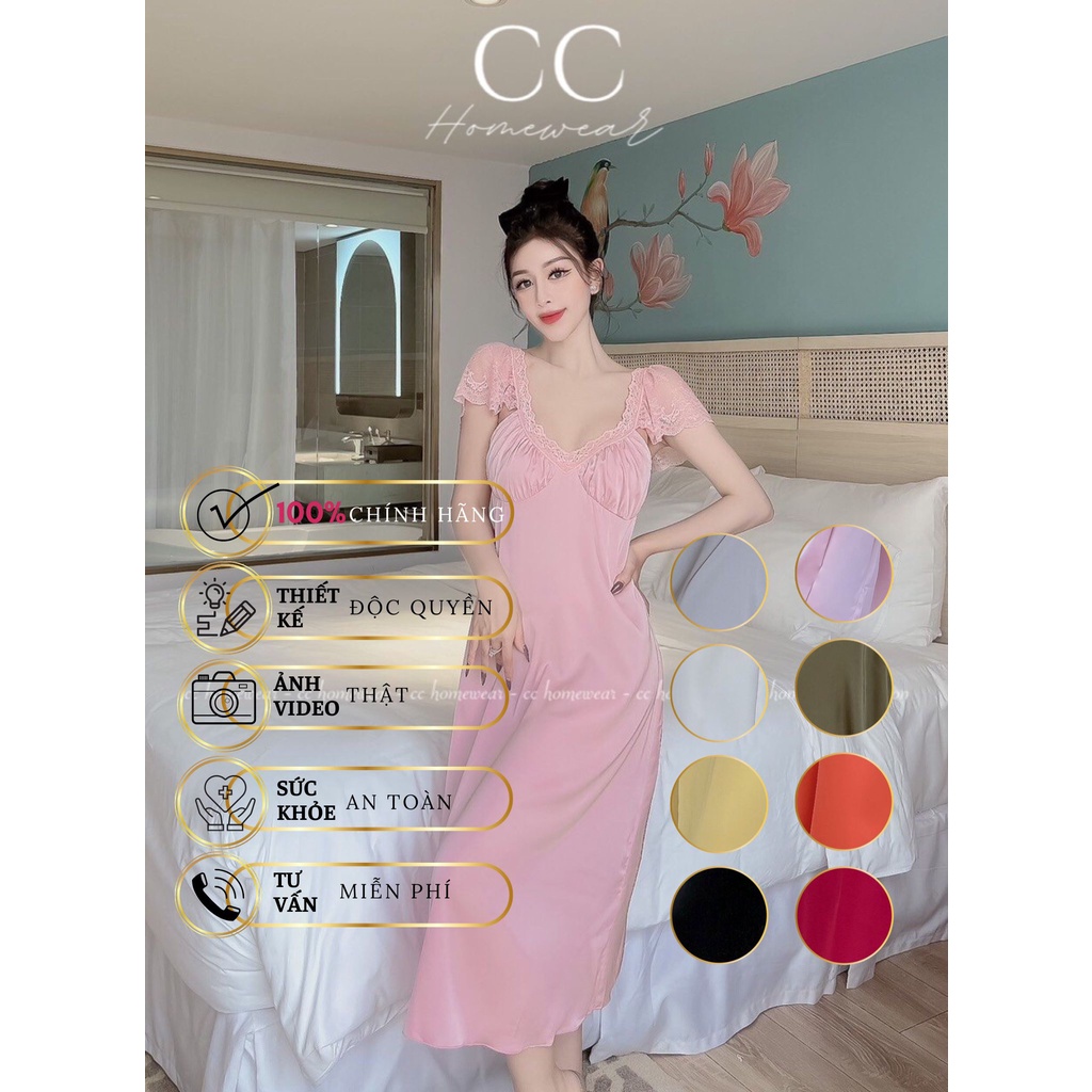 Đầm ngủ lụa cánh tiên ren trơn cao cấp thương hiệu CC HOMEWEAR