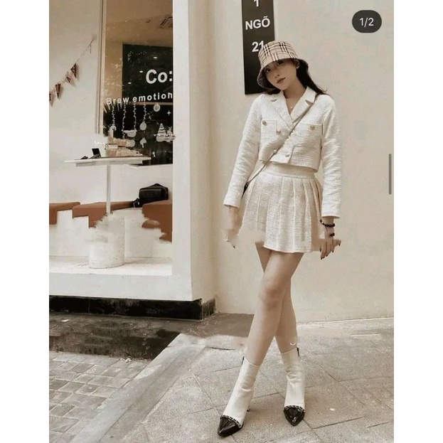 Set dạ tweed trắng be