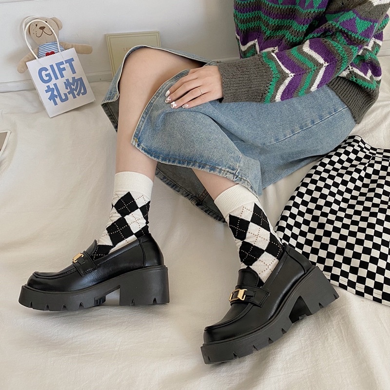 Giày oxfod khuy nữ đế cao 5cm chất da PU cao cấp phong cách ulzzang retro