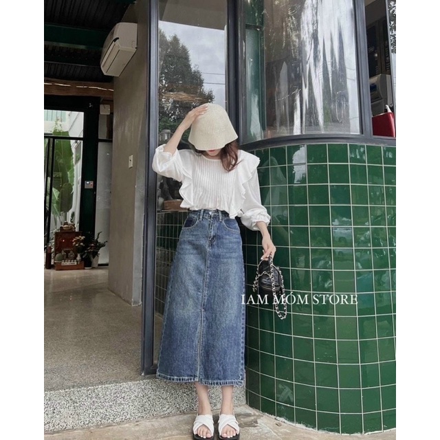 Chân váy jeans cạp cao pha màu