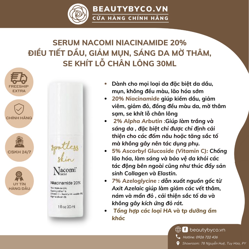 Serum sáng da mờ nám, thâm đen, thâm đỏ, mụn NA.CO.MI 20% Niacinamide 30ML
