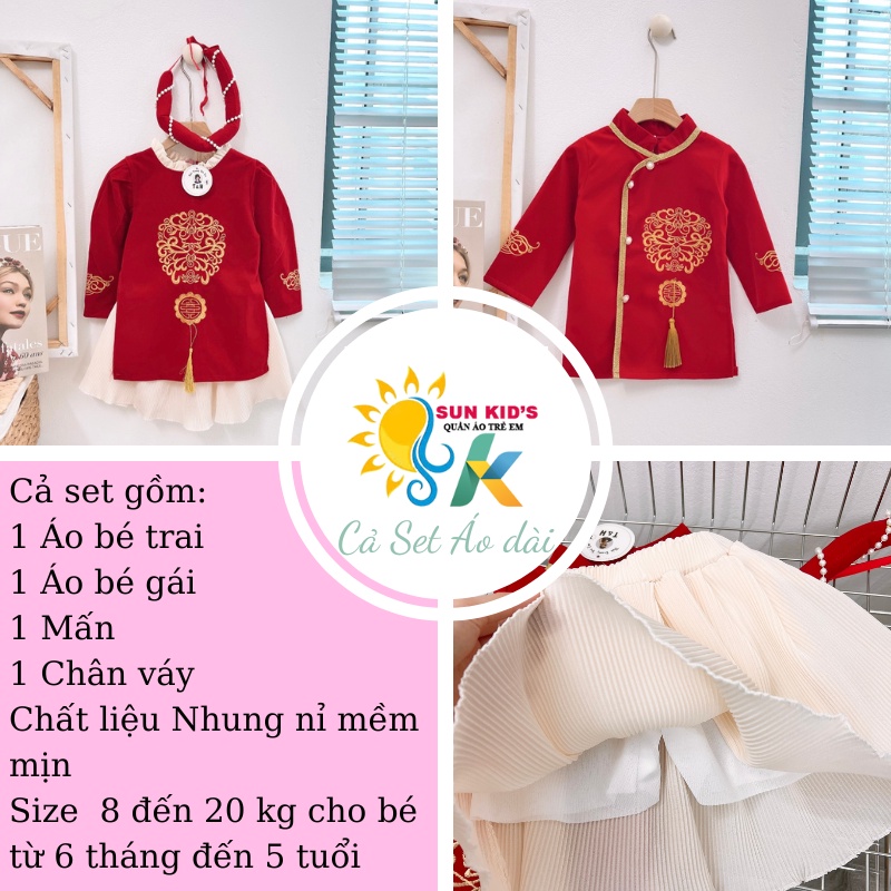 Đồ bộ bé gái Áo dài cách tân phối chân váy xếp ly họa tiết truyền thống kèm mấn cho bé gái từ 8 đến 32 kg