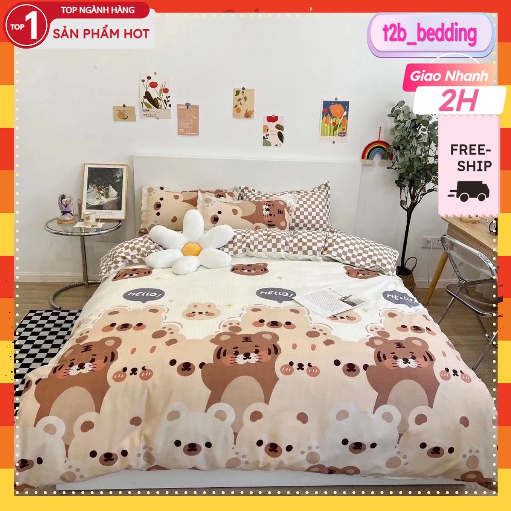 Ga trải giường,Drap bo chun 1m5x2m bo chun đệm dày tối đa 10cm chất cotton poly,mẫu gấu hello