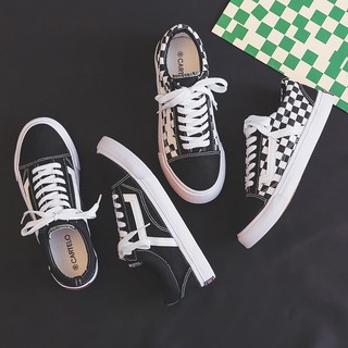 Giày thể thao ulzzang vải Muntuoni cổ thấp màu đen và đen caro cho nam nữ size 36 đến 44 full box
