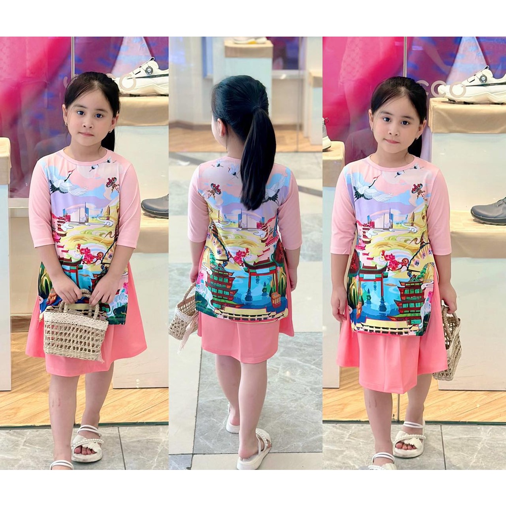 Váy đầm áo dài TẾT bé gái thun lạnh 3D in hoạt hình họa tiết ngày tết xinh xắn có size đến 40kg