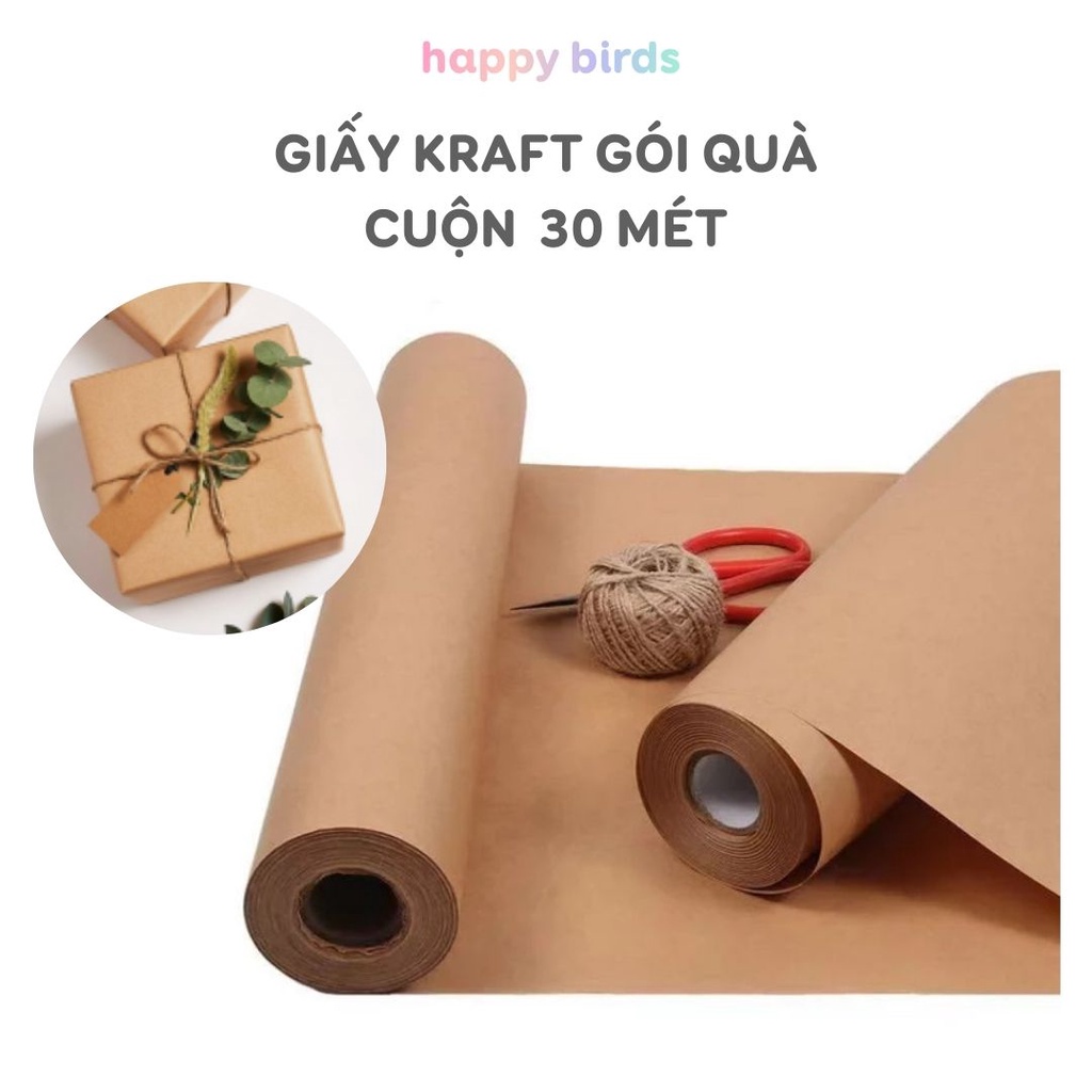 Giấy kraft gói quà cuộn liền 30 mét vintage bọc quà sinh nhật quà tặng màu nâu trơn giấy gói quà nhật xi măng Happy Bird