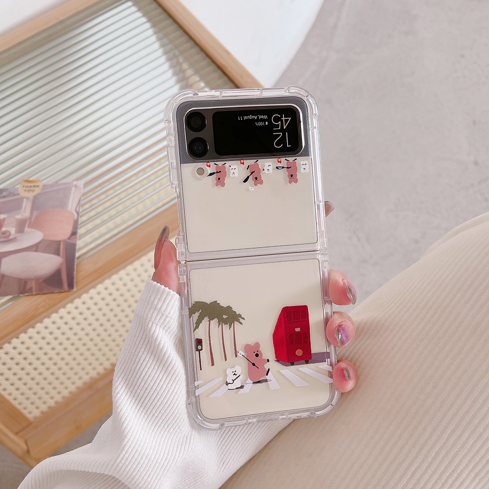 Đối với samsung galaxy z flip 4 3 case ins cute cartoon bear painted trong suốt Ốp điện thoại cứng chống sốc cho samsung flip3