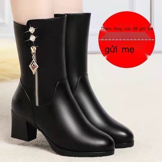 Giày bốt độn da mùa đông của mẹ trung niên