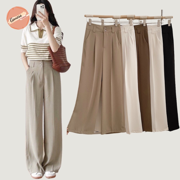Quần nữ ống rộng Goness cạp bản to 2 khuy lưng cạp cao baggy chất vải dáng dài suông loe culottes xuông nhiều màu