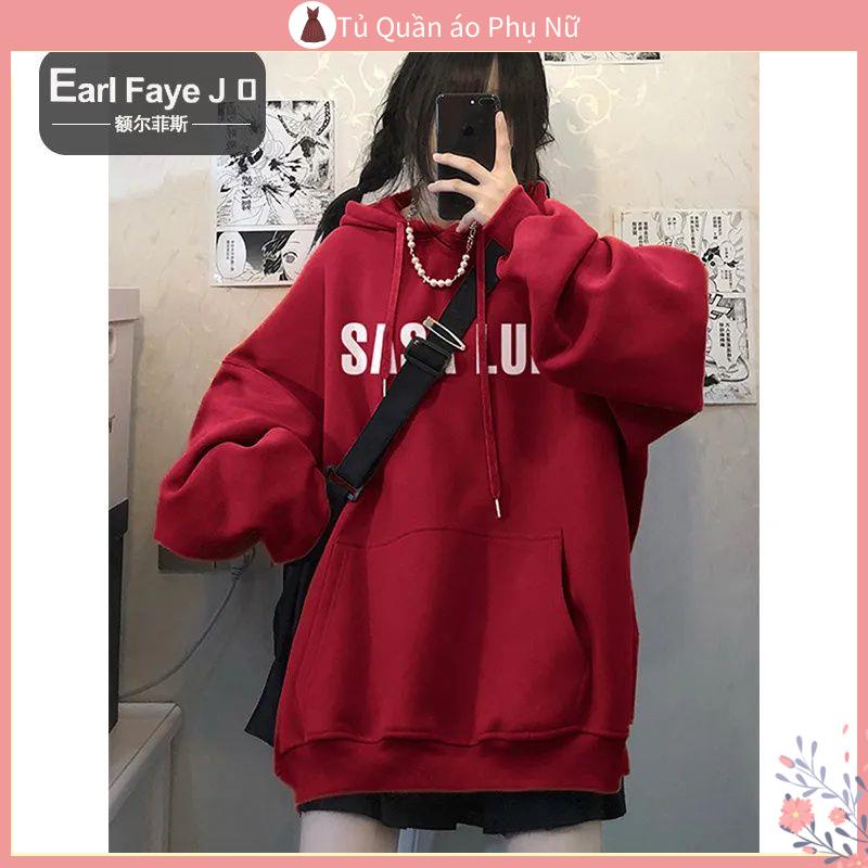Áo Hoodie Lót Lông Cừu Dày Dặn Dáng Rộng Màu Đỏ Rượu Vang Phong Cách Retro Mỹ Mùa Thu Đông Dành Cho Nữ