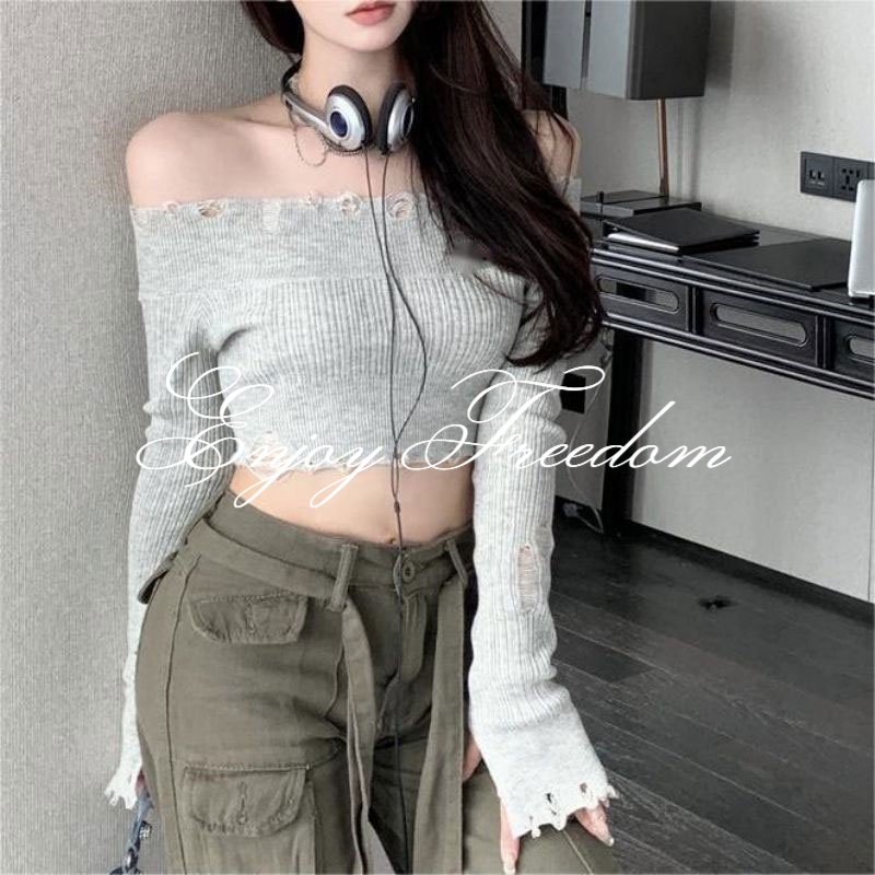 Áo Dệt Kim Tay Dài Lệch Vai Quyến Rũ Hợp Thời Trang Cho Nữ