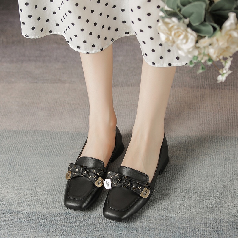 Giày Búp Bê Da Mũi Vuông Đính Nơ Phong Cách Hàn Quốc