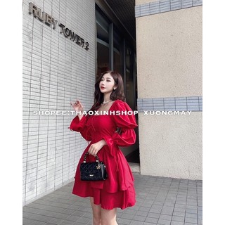 Đầm đỏ tay dài xoè tầng