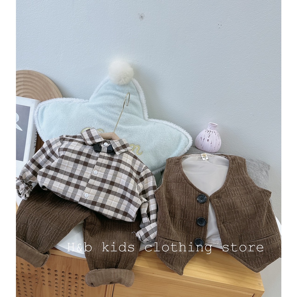 Bộ vest 3 chi tiết kèm nơ cho bé trai từ 8-18kg diện Lễ, Tết- Bộ vest nhung bé trai- Bộ gile bé trai Kidbabyonline K167