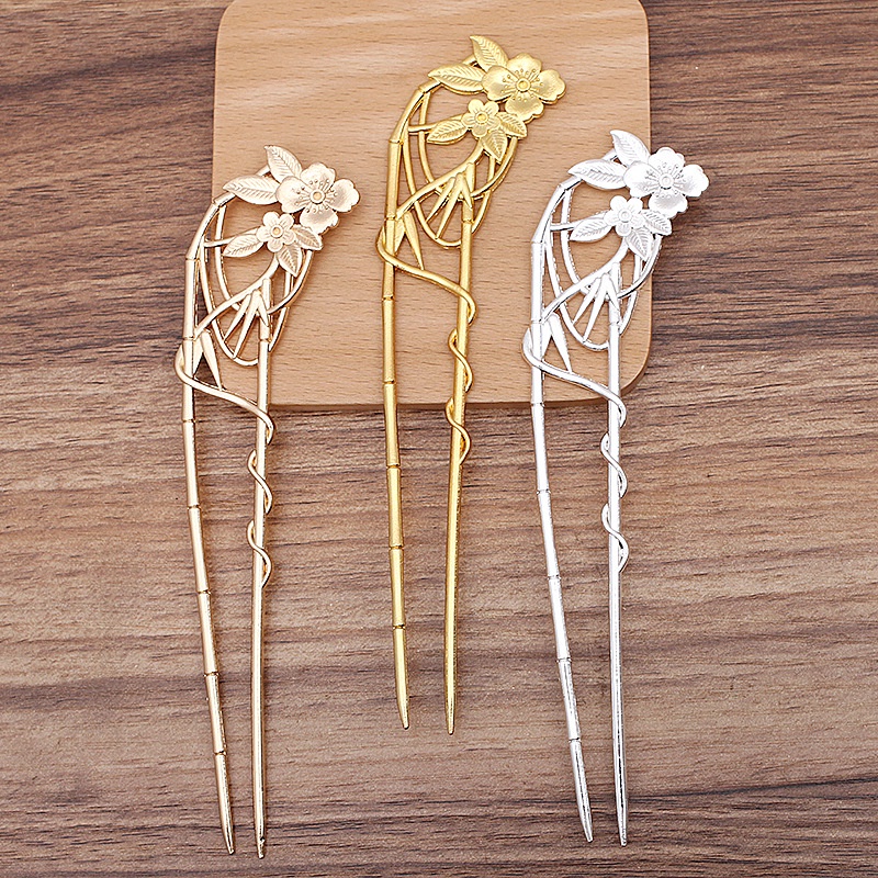 Cán trâm U đúc họa tiết hoa mai kết hợp dây leo nguyên liệu làm trâm làm trang sức cổ trang có màu KC