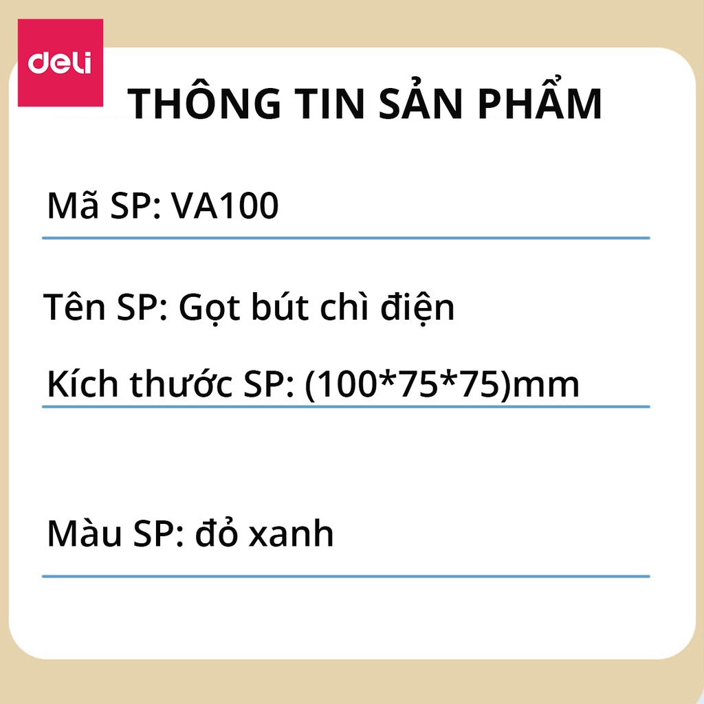 Gọt bút chì điện tự động Deli tiện lợi, an toàn và bảo vệ người dùng, màu sắc hiện đại sang trọng VA100